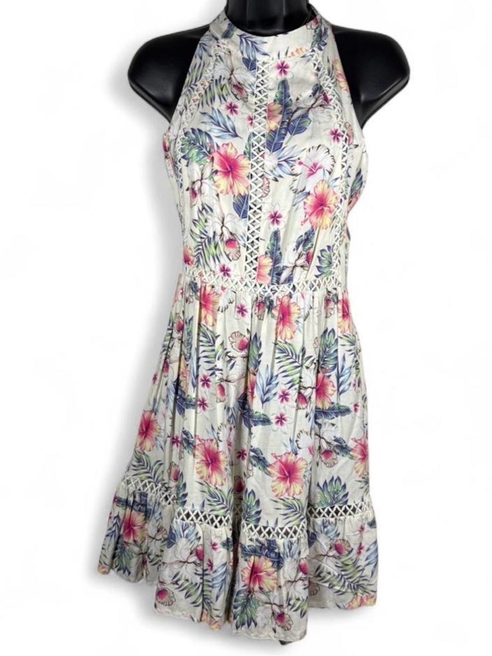 Sunday Mi Amor Floral Halter Sundress - White with Pink & Blue Botanical Print